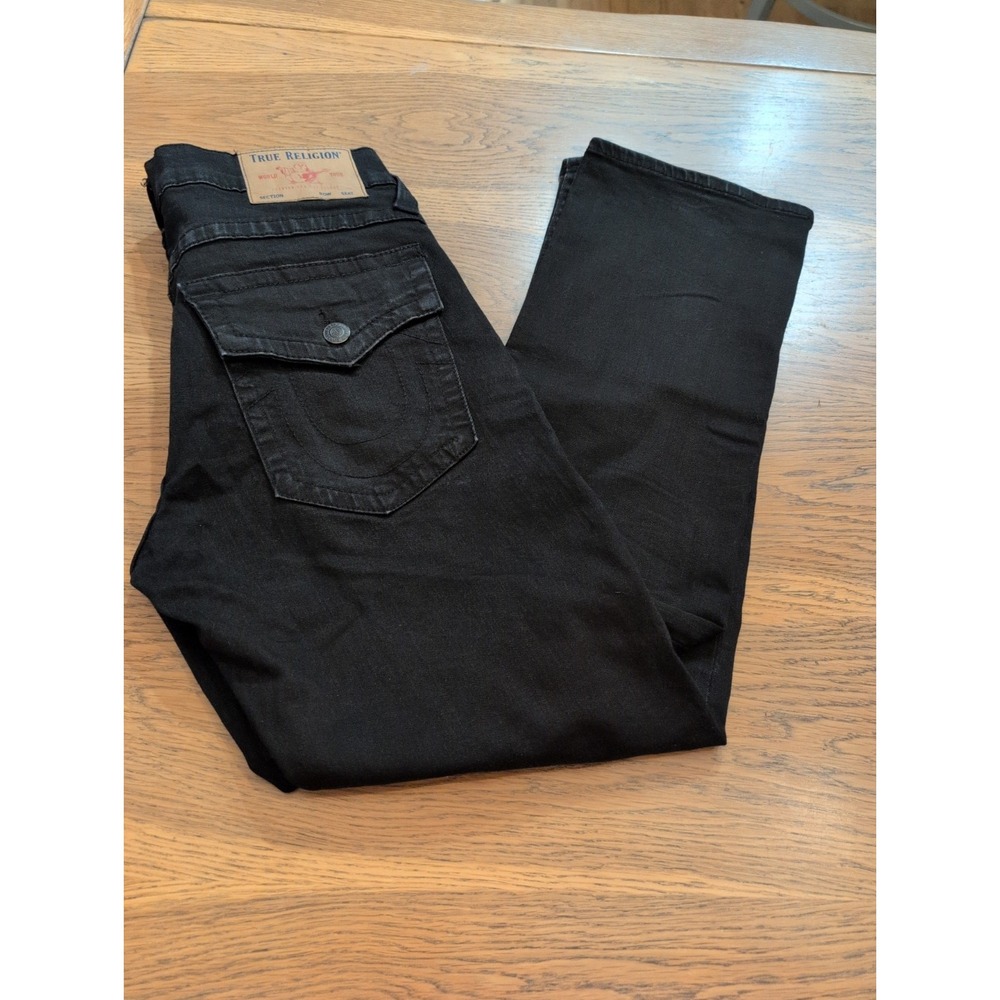 True Religion Jeans Mens 33x31 Black Ricky Flap Relaxed Straight Black Stitch